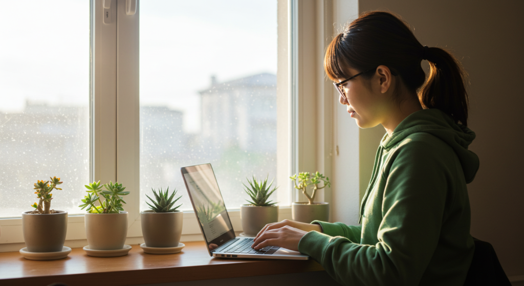 PC作業をする女性の画像