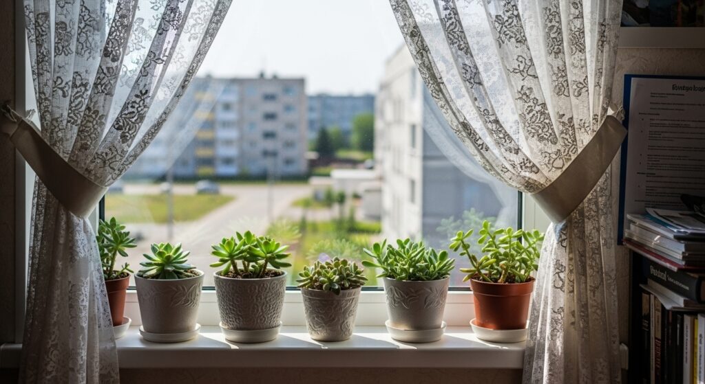 窓際の観葉植物の画像