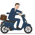 原付バイクに乗った急ぐサラリーマンの画像